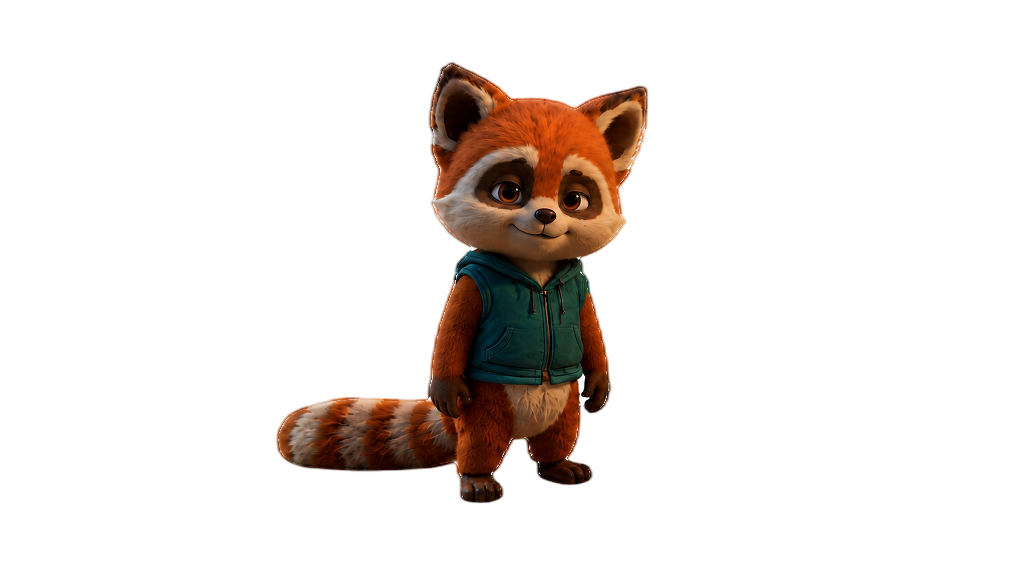 Tavi smiling in his cozy teal vest, with his fluffy striped tail