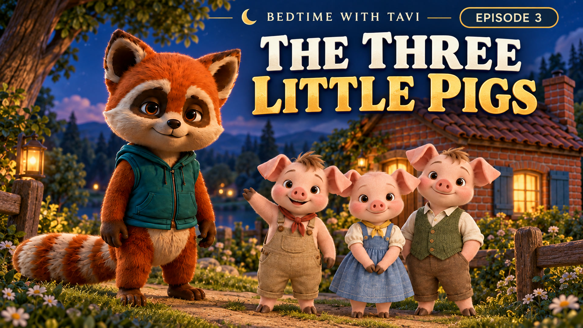 Tavi with three little pigs beside their cozy brick house